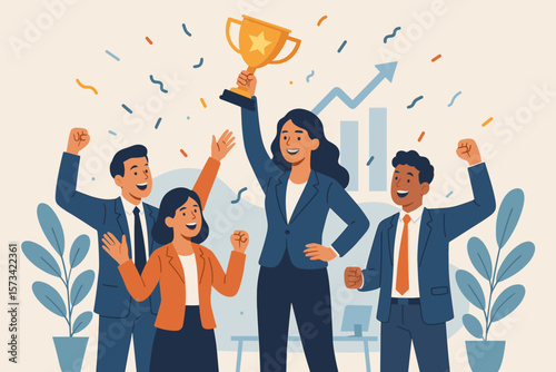 Business team success celebration. Victorious businesswoman leader holding trophy award. Happy colleagues celebrating goal achievement, victory and corporate teamwork concept.