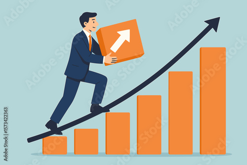 Business growth concept with upward trend arrow, businessman climbing bar chart, progress and success illustration, financial increase, corporate achievement, economic growth