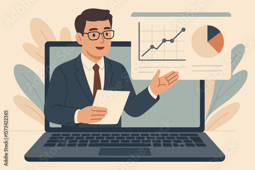 Online business consultation with expert financial advisor on laptop screen. Webinar presentation with data analysis, growth chart, and marketing report for investment strategy.
