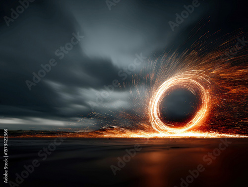 Stylized image featuring a fiery explosion contained within a circular pattern, primarily in black and blue tones with bright orange and yellow sparks The sparks suggest rapid movement - AI-Generated