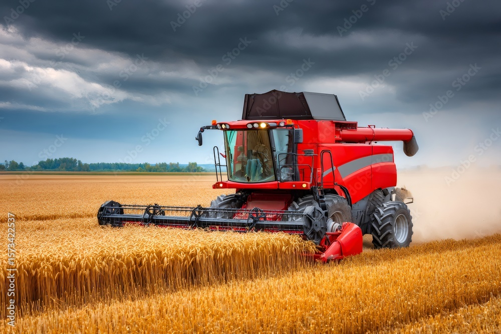 Red combine harvester harvesting wheat field under stormy sky Red combine harvester harvesting wheat field under stormy sky