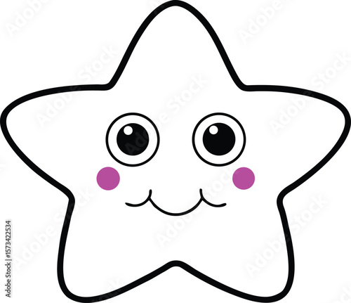 A Happy White Kawaii Star Cartoon Character with Large Black Eyes Purple Cheeks and a Simple Smile Smiling White Star Character Illustration