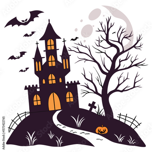 Spooky halloween castle on a hill under a full moon with bats flying and a creepy bare tree next to a pumpkin and a tombstone