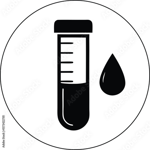 A Simple Black and White Flat Icon Depicting a Blood Test Tube Filled with a Blood Sample and a Single Blood Drop Beside It Medical Test