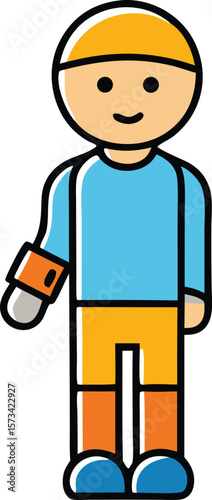 A smiling child pictogram wearing a yellow hat light blue shirt orange pants and blue shoes with a leg cast in orange and gray