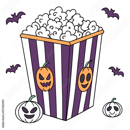 A festive halloween popcorn bucket adorned with spooky jack o lanterns and flying bats creates a fun and whimsical holiday treat perfect for celebrations and party decorations