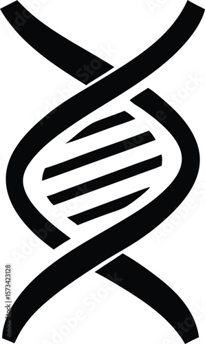 A stylized flat black vector icon of a D N A double helix featuring bold curved lines and parallel stripes within the central section