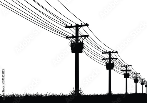 Silhouettes of utility poles with sagging power lines on white background, infrastructure vector art, editable electrical sketch for energy, urban, and construction themes