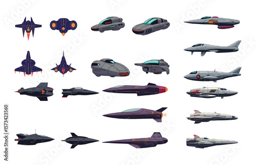 A collection of spaceship graphics presents diverse designs suitable for gaming assets, logo concepts, or futuristic themed artwork, offering a versatile resource for creative projects.