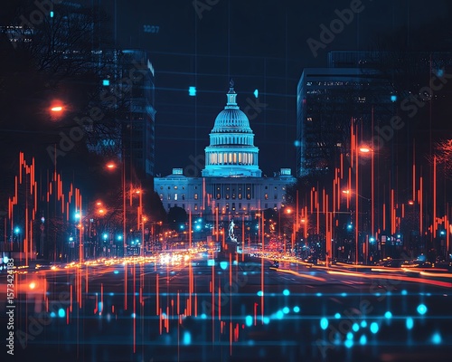Night view of government building with data overlay.