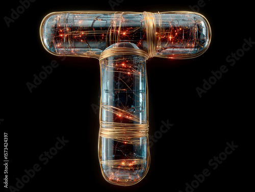 3D transparent T letter with glowing wires under pressure, slightly bent and emitting red sparks on a black background Features an atomic structure model with central nucleus and surro - AI-Generated