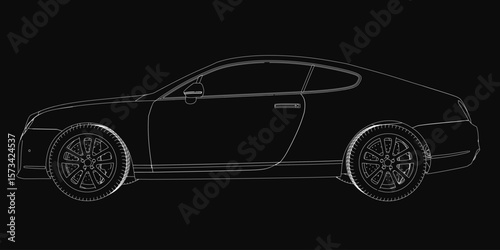 Detailed car blueprint with intricate vector lines and curves on a black background. The design showcases realistic contours and precise technical details.
