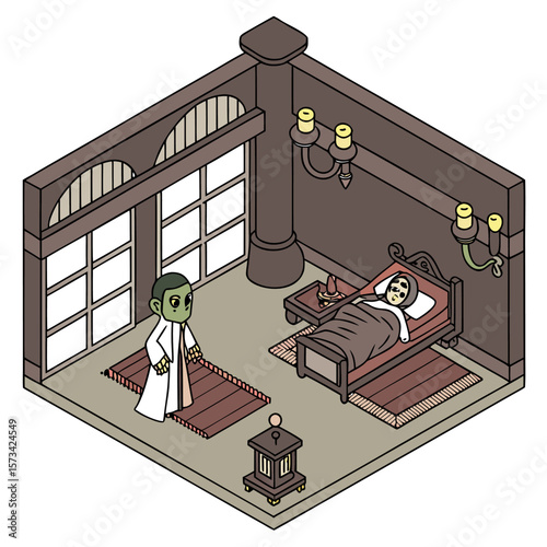 A mysterious green skinned figure in a white robe stands beside a sickbed in a dimly lit antique room with a large window and candelabra