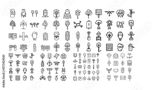 Displaying a collection of minimalist doodle style icons, this graphic is great for environment, technology, and lifestyle applications, ideal for logos and nature-themed projects.