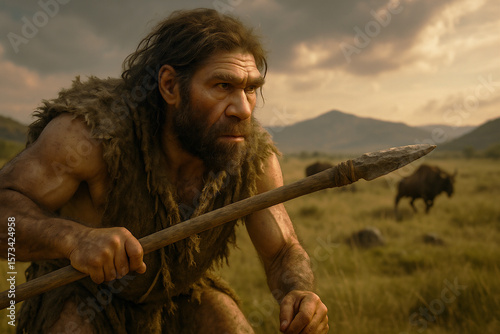 Caveman Prepares for a Hunt in a Prehistoric Landscape Under a Cloudy Sky During Sunset