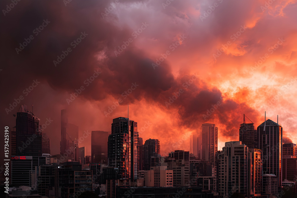 Fototapeta premium Cityscape engulfed in flames with smoky sky -
