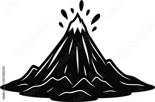 Black and White Cartoon Volcano Erupting Lava Splashes Stylized Mountain Peak Illustration eruption