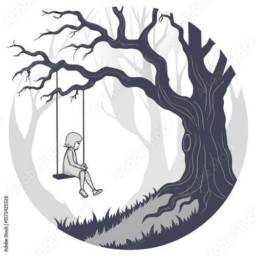 A solitary young girl sits on a swing suspended from a large gnarled tree branch in a mysterious stylized forest setting with a sense of quiet contemplation and isolation
