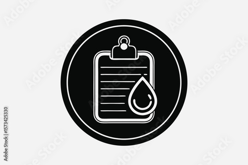 Black and White Circular Icon Checklist Clipboard Water Drop High Contrast Graphic Design Element