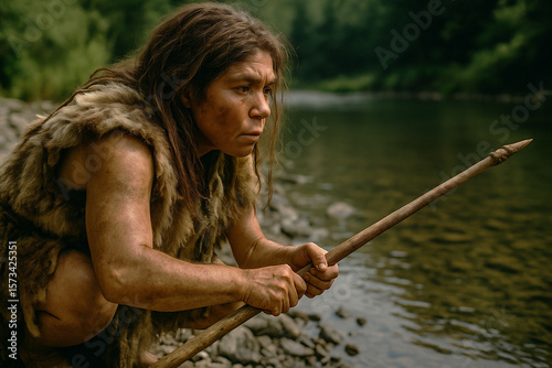 Recreation of Prehistoric Human Hunting by a River During the Warm Season in July