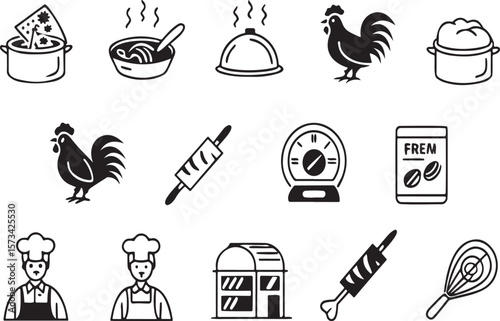 Collection of black and white hand drawn kitchen and food related icons for design