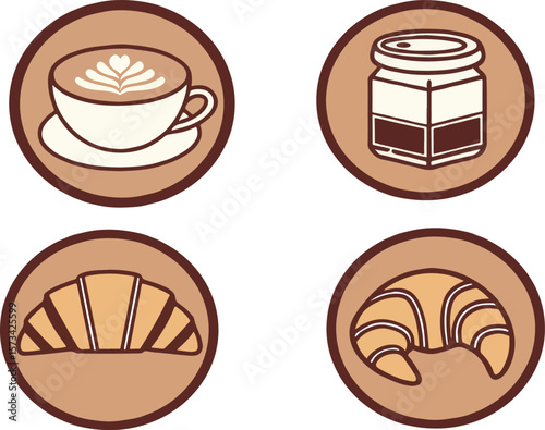 Delicious coffee shop elements featuring latte cup pastries and other breakfast food items