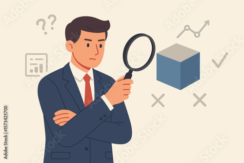 Business case study and marketing research concept. Man with magnifying glass analyzing a product prototype, competitor. Search for strengths and weaknesses, strategic risks.