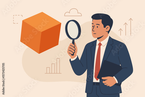 Business case study and marketing research concept. Businessman with magnifying glass analyzes a product prototype or competitor, searching for strengths and weaknesses for growth.