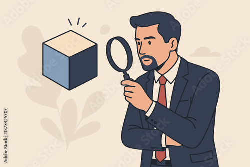 Business case study or marketing research concept. Smart businessman with magnifying glass analyzing a product prototype or competitor, searching for strengths and weaknesses.