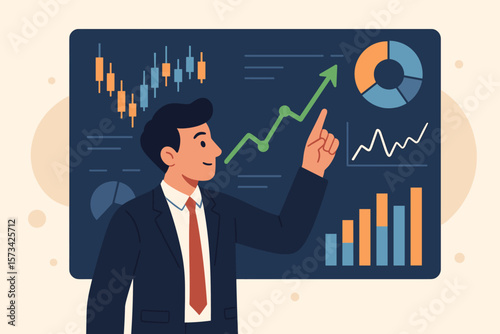 Businessman analyzing financial data on a digital dashboard. Stock market trading concept. Manager presenting a growth chart and business report. Vector for investment economy.