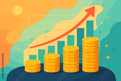 Business graph with growing coin stacks, finance growth concept for stock market, currency exchange, abstract colorful background with modern flat design