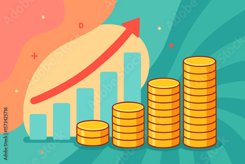 Business graph with arrow and coin stacks. Financial growth concept for finance, investment, and economy. Stock market success, profit, and revenue increase. Flat vector.