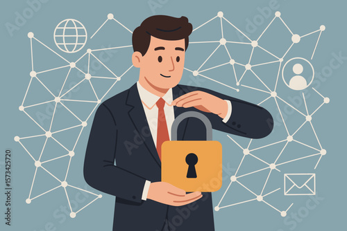 Businessman protecting personal data. Cybersecurity and internet privacy concept. Network security, confidential information access control, data encryption, and user safety.