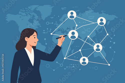 Businesswoman drawing global business structure, networking and data exchange. Customer connection, CRM and HR concept. Modern flat vector cartoon illustration on blue background.