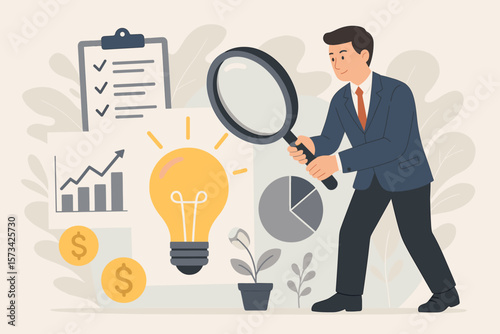 Business idea viability checking. Validate new project by market research for success. Evaluate profitable strategy. Businessman with magnifying glass analyzing investment growth.