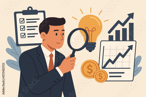 Concept of business viability check. Market research to validate new idea. Evaluate profitable startup project for success. Businessman analyzing financial growth potential.
