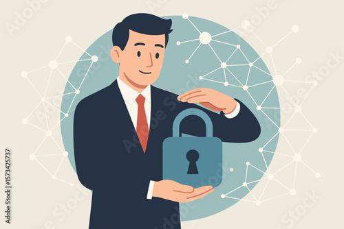 Cybersecurity concept with businessman protecting data. Internet technology security. Network safety and information privacy. Padlock icon for confidential access control. Guard.