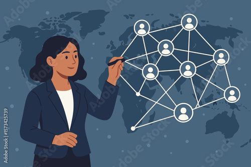 Global business network. Businesswoman drawing customer connection diagram. Worldwide team management. Human resources, data exchange, social media structure. Vector illustration.