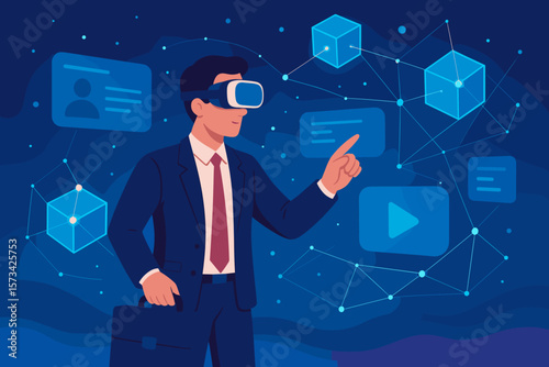 Businessman in VR headset explores metaverse. Technology and business innovation concept. Blockchain network connection. Augmented and virtual reality user interface concept.