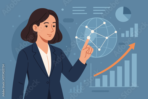 Businesswoman analyzing global data network. Customer growth graph analysis. Business progress, financial data, and investment planning. Digital technology and corporate strategy.