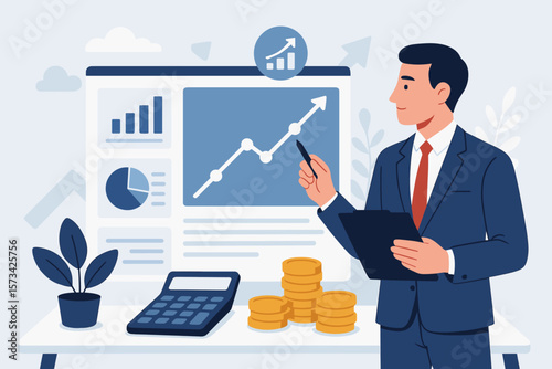 Businessman analyzing finance business data graph. Stock investment and calculating financial data for investment growth. Company balance sheet and business strategy concept.