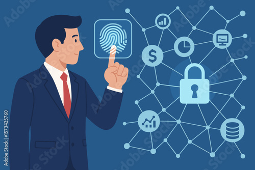 Businessman using fingerprint scan for cyber security. Biometric identification for secure access to business data network. Concept for privacy, data protection and safety.