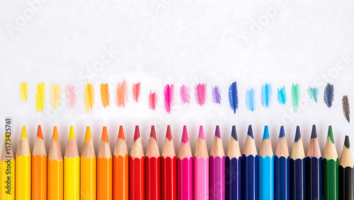Vibrant colored pencils arranged with color swatches; cheerful, creative back-to-school stationery concept.