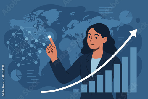 Businesswoman analyzing a global data network and customer growth graph. Concept of business progress, financial investment data, corporate planning, and global strategy.