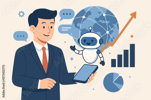 Businessman uses AI chatbot on a smartphone for business growth and data analysis. Global network, digital technology concept. Robot assistant for customer service online.