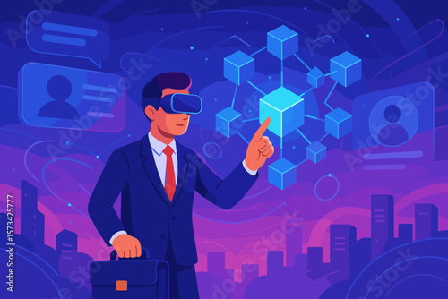Businessman explores metaverse with VR glasses. Interacting with blockchain network and user interface. Concept of future business, augmented reality and digital transformation.