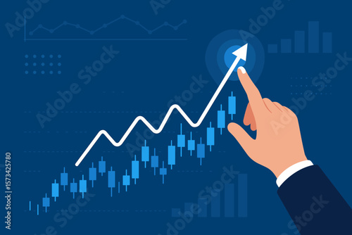 Businessman hand touching a rising arrow on a forex stock market graph. Financial data analysis and investment strategy for business growth and profit. Candlestick chart. Vector.