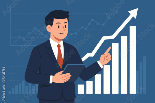 Businessman with tablet presents business growth chart. Financial analysis, stock market statistics, profit gain. Investment success on virtual interface. Data analytics concept.