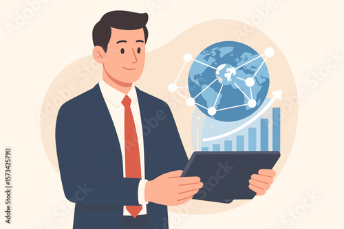 Businessman with tablet linking global business network. Concept of data exchange, stock market analysis, financial graph growth. Digital technology for worldwide connection.