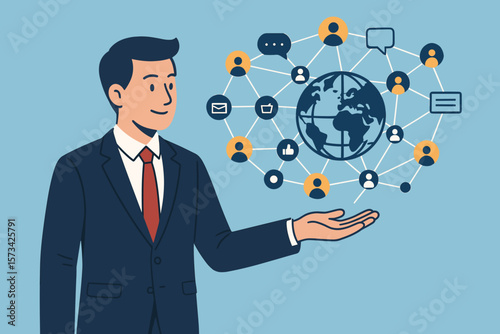 Businessman holding global network structure for data exchange. Customer network connection, digital marketing, social media communication concept. Internet business technology.